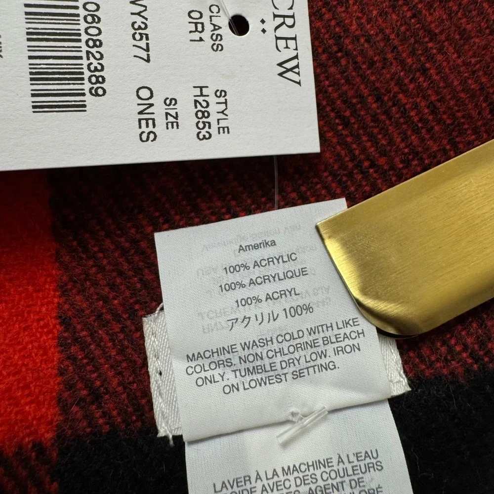 J.Crew Red Black Buffalo Check Plaid Scarf Fringed Winter Wrap H2853 NWT